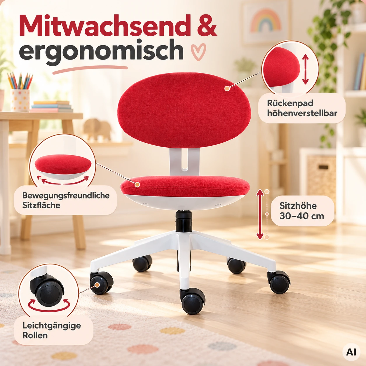 Moritz - Mitwachsender Bürostuhl für Kinder