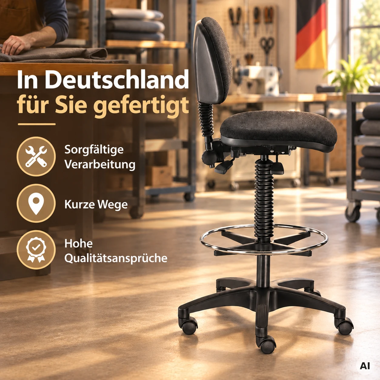 Industry 3 - Arbeitshocker mit Rückenlehne und Fußring