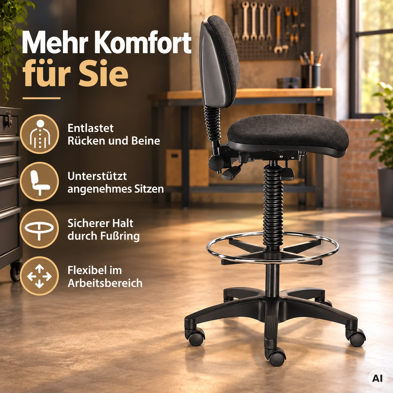 Industry 3 - Arbeitshocker mit Rückenlehne und Fußring